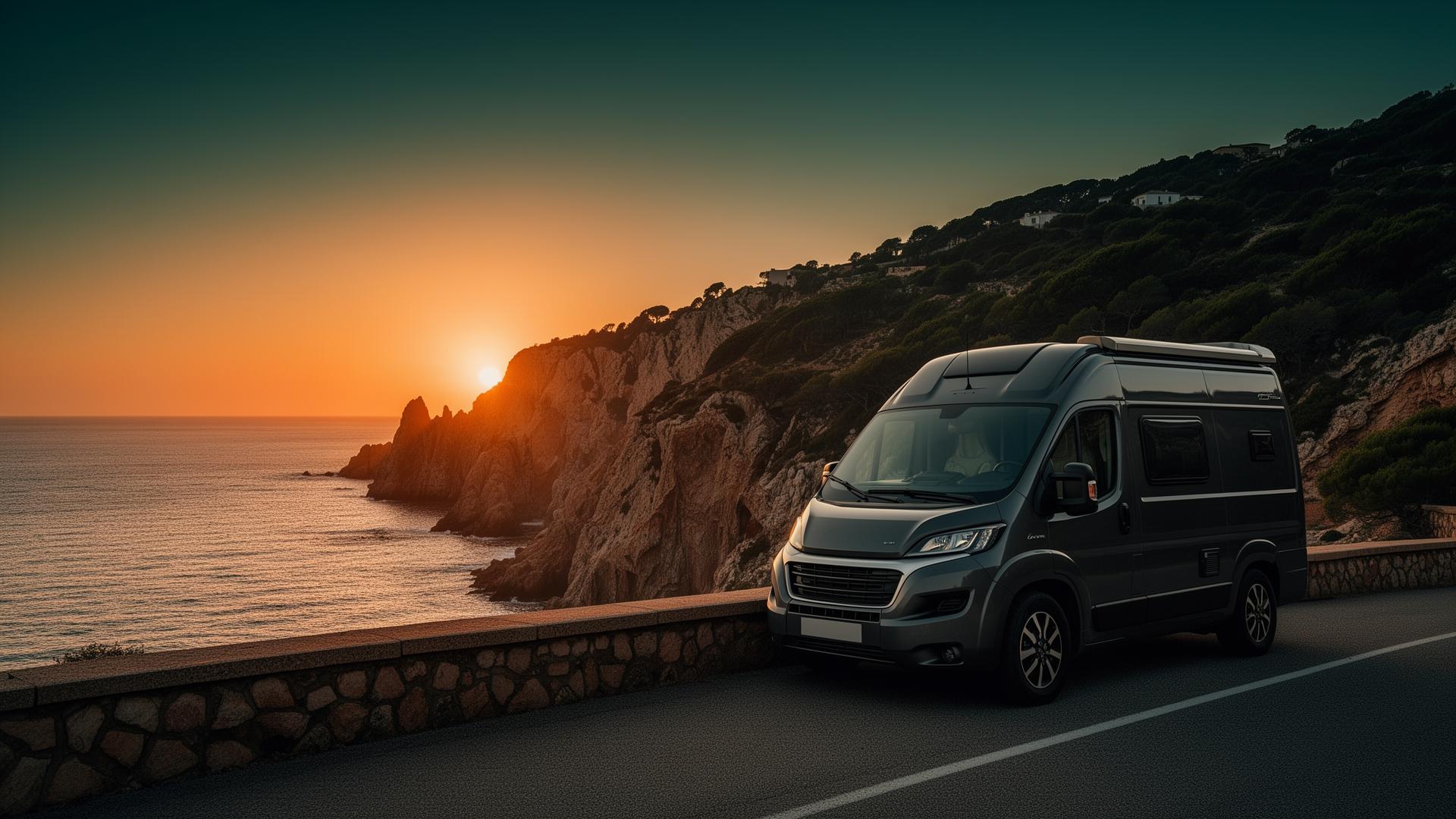 Campervan on a Mediterranean coastal road at sunset